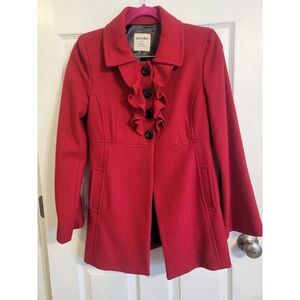 Women's Red Wool Blend Lined Button Pea Coat With Pockets S Ruffles Old Navy‎